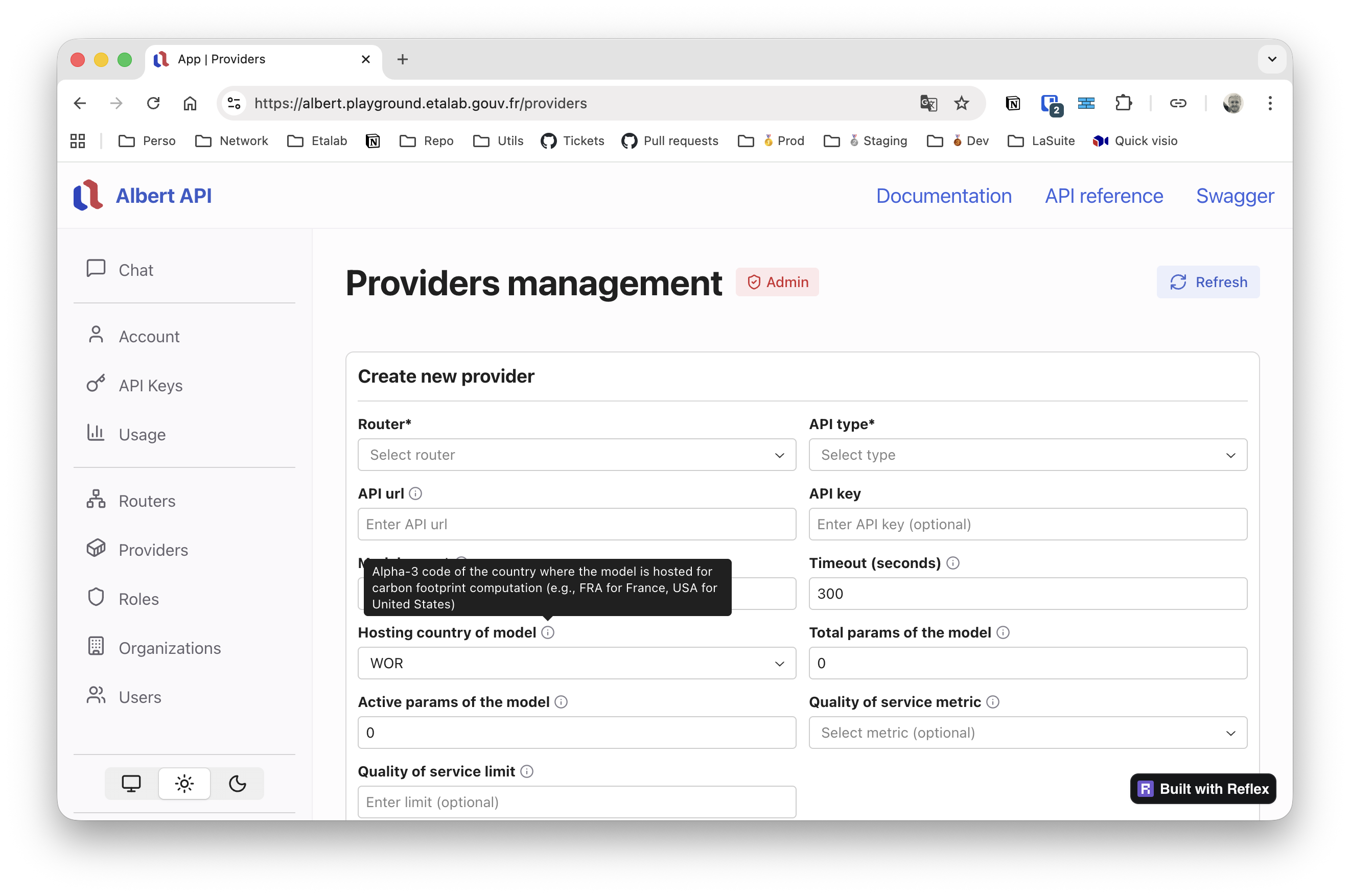 Provider settings page